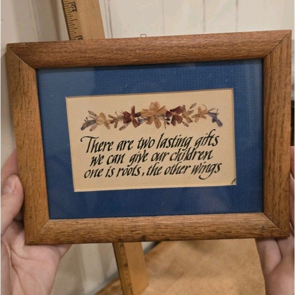Wood Framed Dried Flowers And Calligraphy "Gifts to Children Roots & Wings"